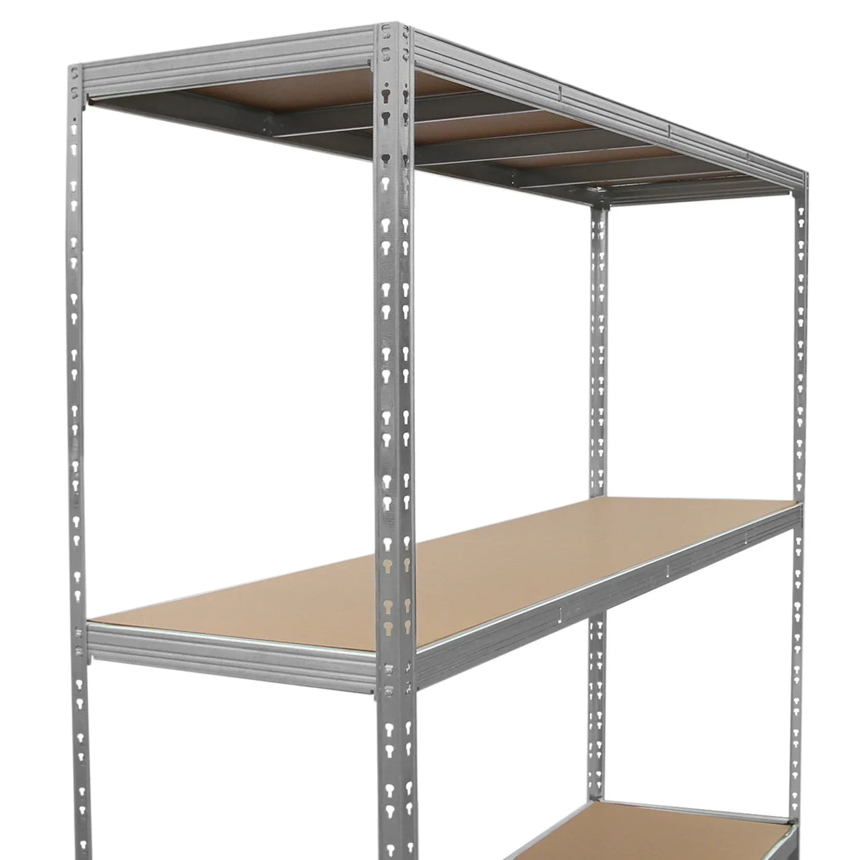 Galvanised steel heavy-duty racking unit with three sturdy shelves, featuring a sleek metallic finish and durable construction