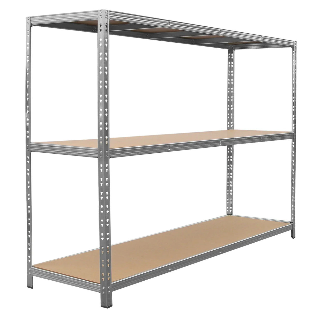 Galvanised steel heavy-duty racking unit with three sturdy shelves, featuring a sleek silver finish and durable, smooth surfaces