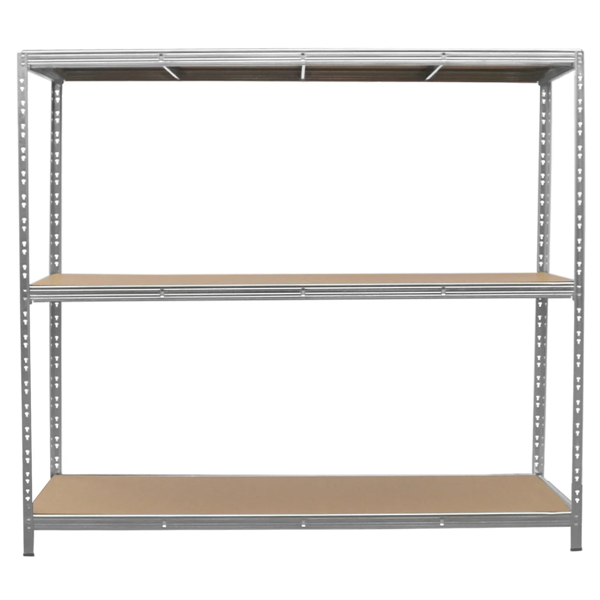 Galvanised steel heavy-duty racking unit with three sturdy shelves, featuring a sleek silver finish and durable wooden surfaces