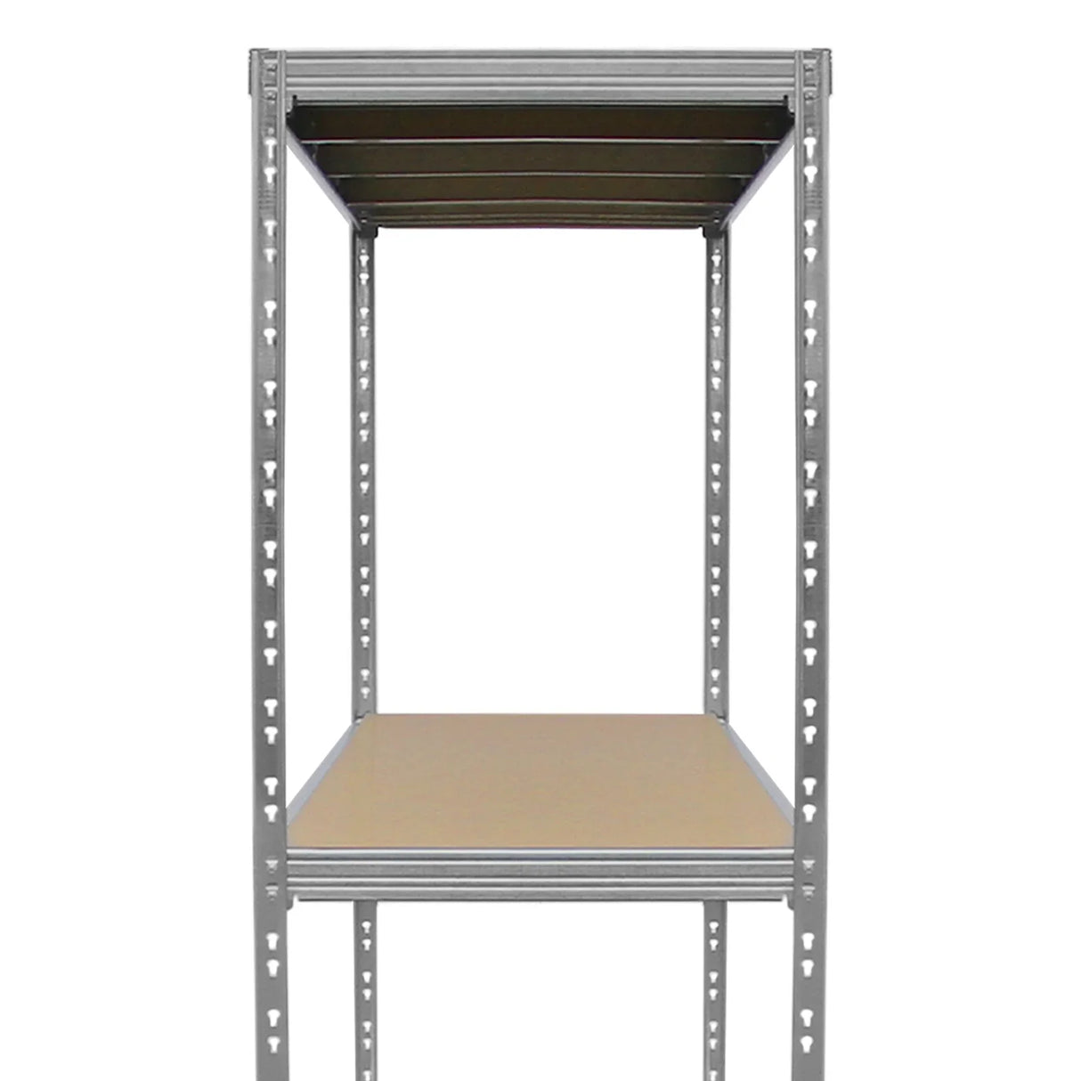 Galvanised steel heavy-duty racking unit with multiple shelves, featuring a sturdy frame and smooth, flat surfaces for storage