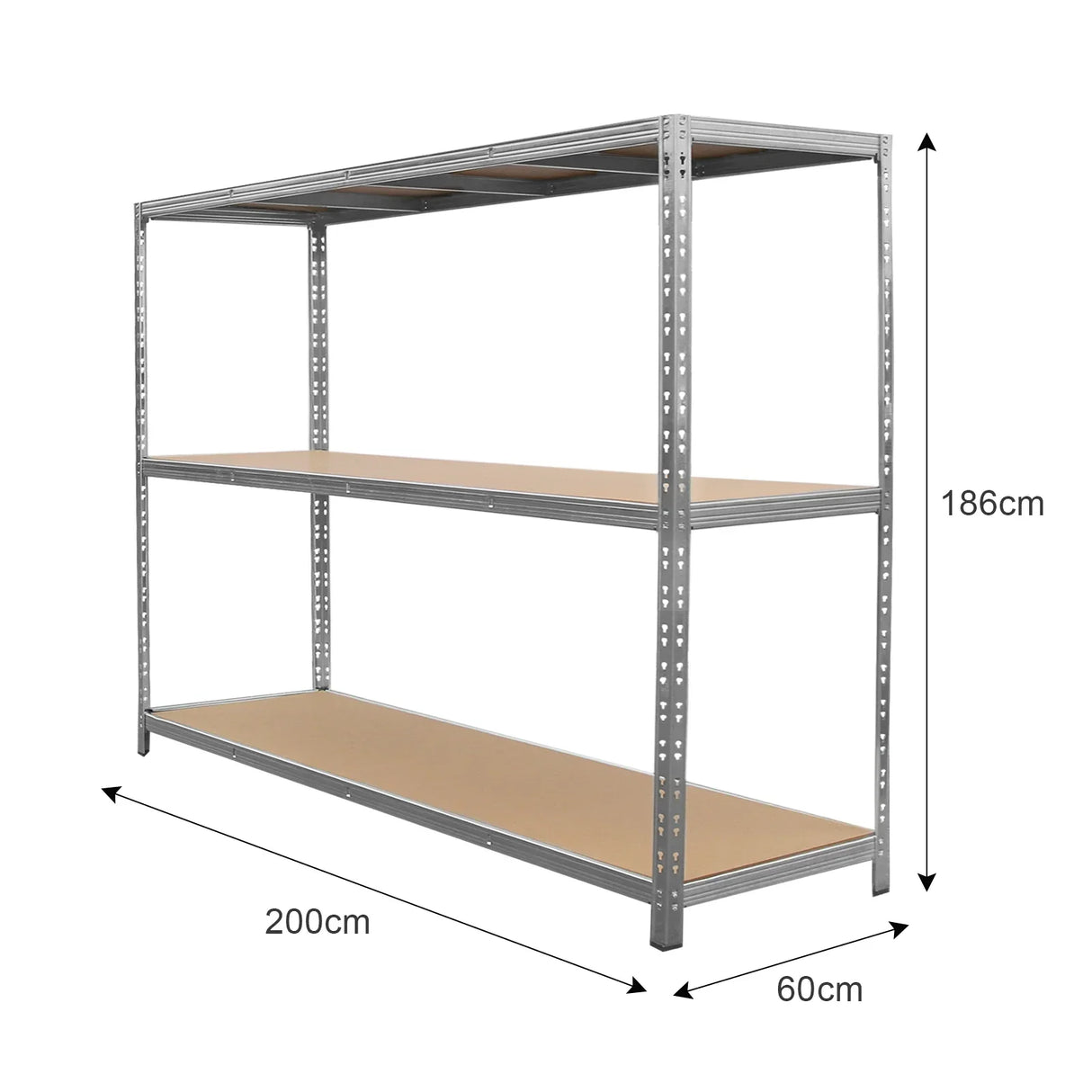 Galvanised steel heavy-duty racking unit with three sturdy shelves, measuring 200cm wide, 186cm tall, and 60cm deep, ideal for storage