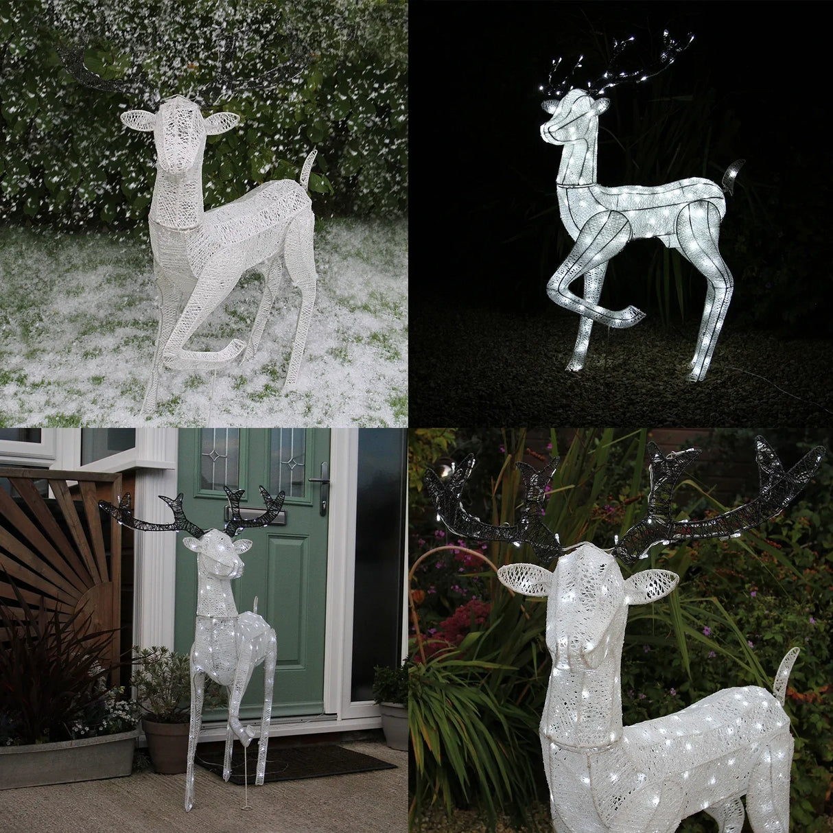 Large light-up stag reindeer with a white wireframe, illuminated antlers, and a festive design, perfect for holiday decorations