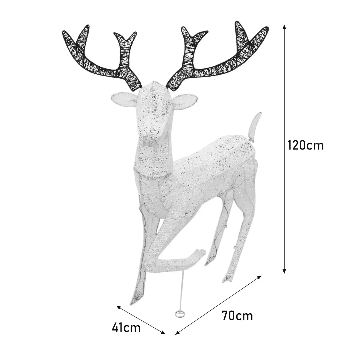 Large light-up stag with intricate black antlers, crafted from white material, measuring 120cm tall and 70cm long, perfect for festive decor
