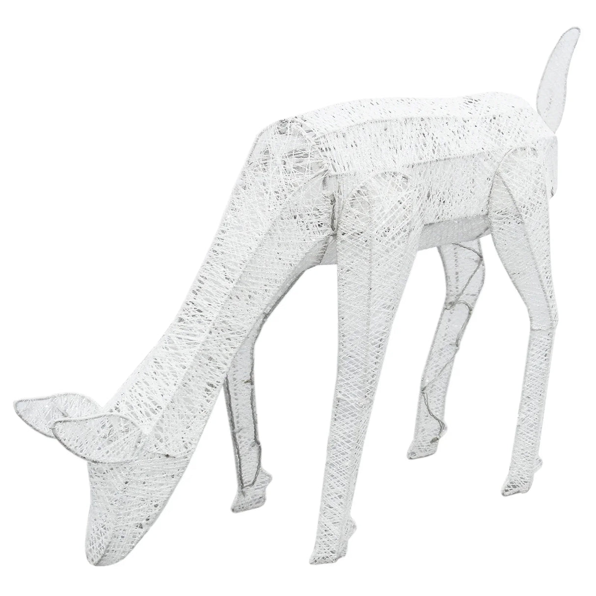 Large light-up grazing doe reindeer in white wire, featuring a sleek design and illuminated body, perfect for festive decor