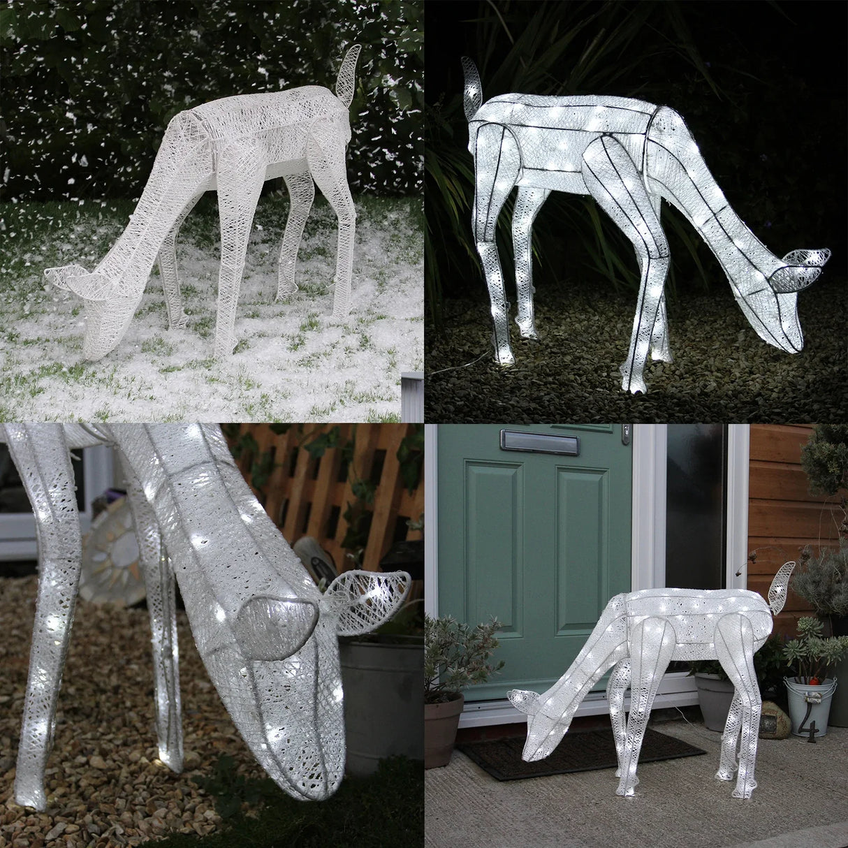 Large light-up grazing doe reindeer in white, featuring a wireframe design with glowing LED lights, perfect for festive outdoor decor