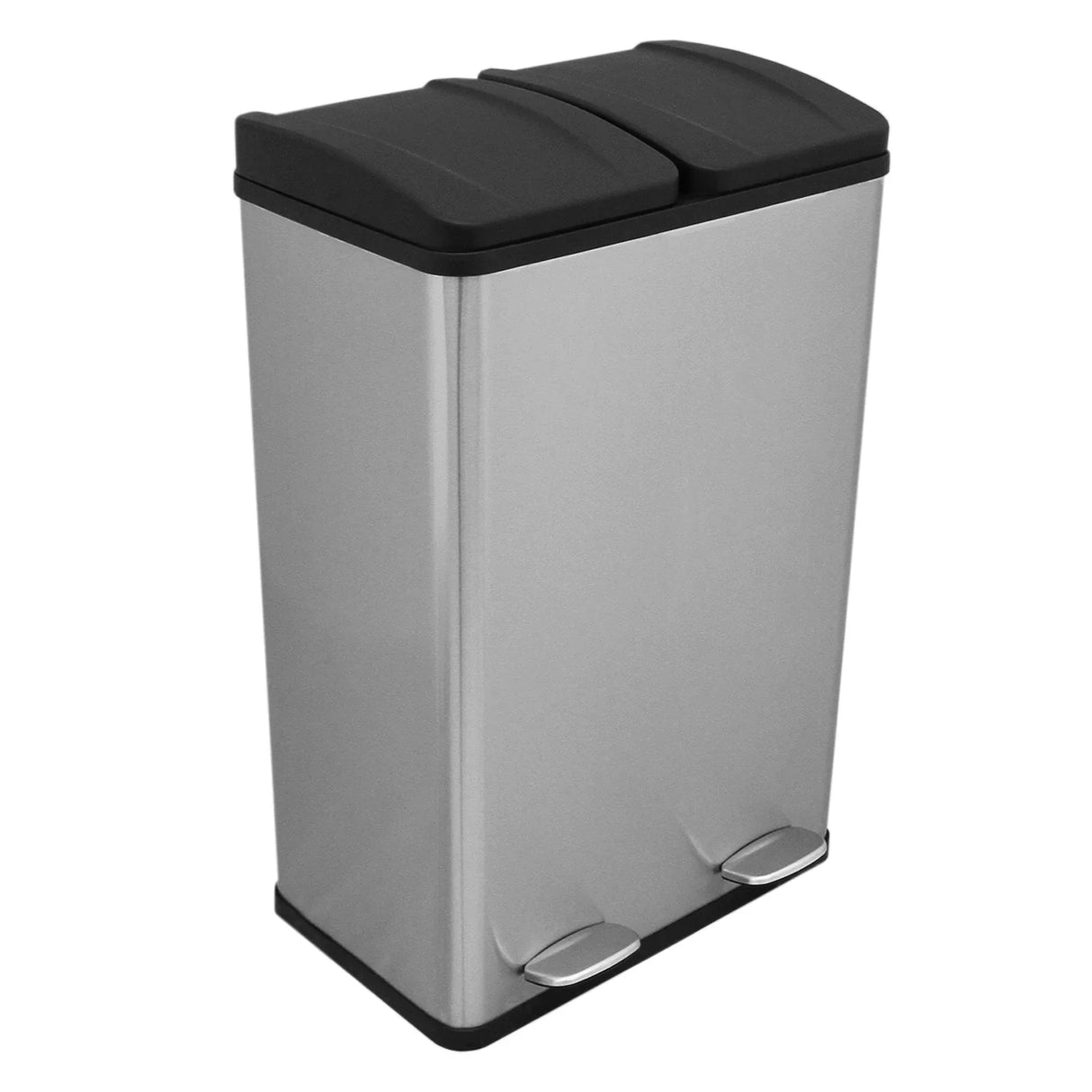 60L dual pedal bin in sleek stainless steel with black lids, featuring a modern rectangular design and foot pedals for hands-free use