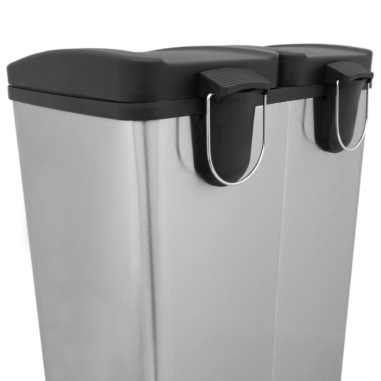 60L dual pedal bin in stainless steel with a sleek design, black lid, and sturdy handles for easy waste separation and access