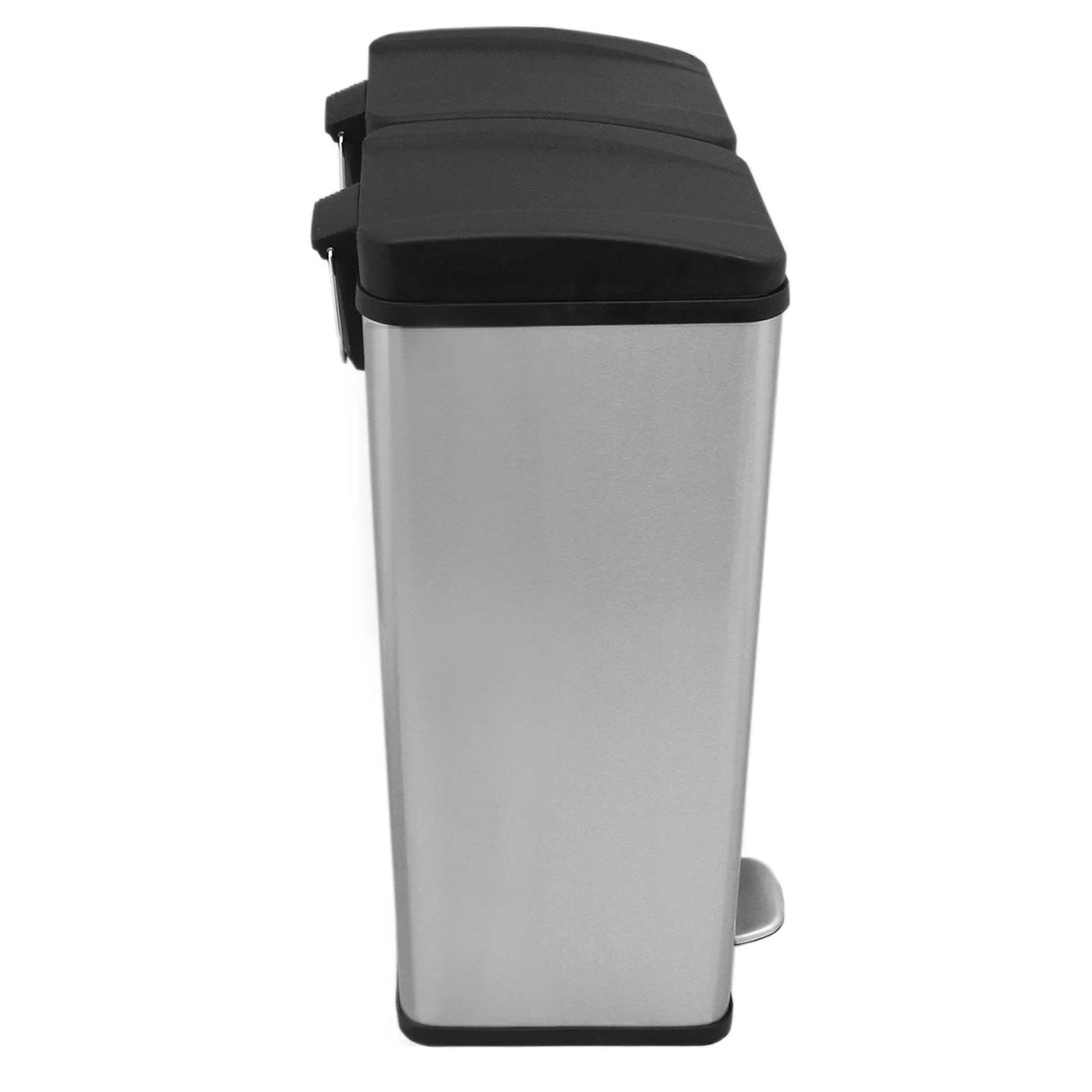 60L dual pedal bin in stainless steel with sleek black lids, featuring a modern design and durable finish for easy waste disposal