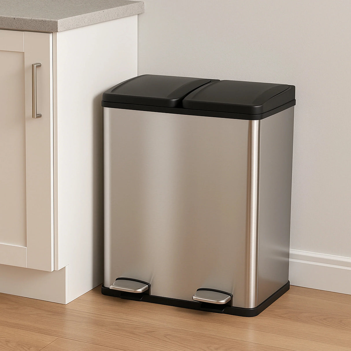 60L dual pedal bin in stainless steel with a sleek black lid, positioned beside a kitchen cabinet on a wooden floor