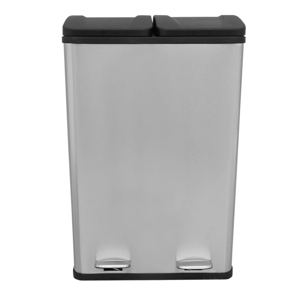 60L dual pedal bin in sleek stainless steel with a matte finish, featuring two separate compartments and foot pedals for easy use