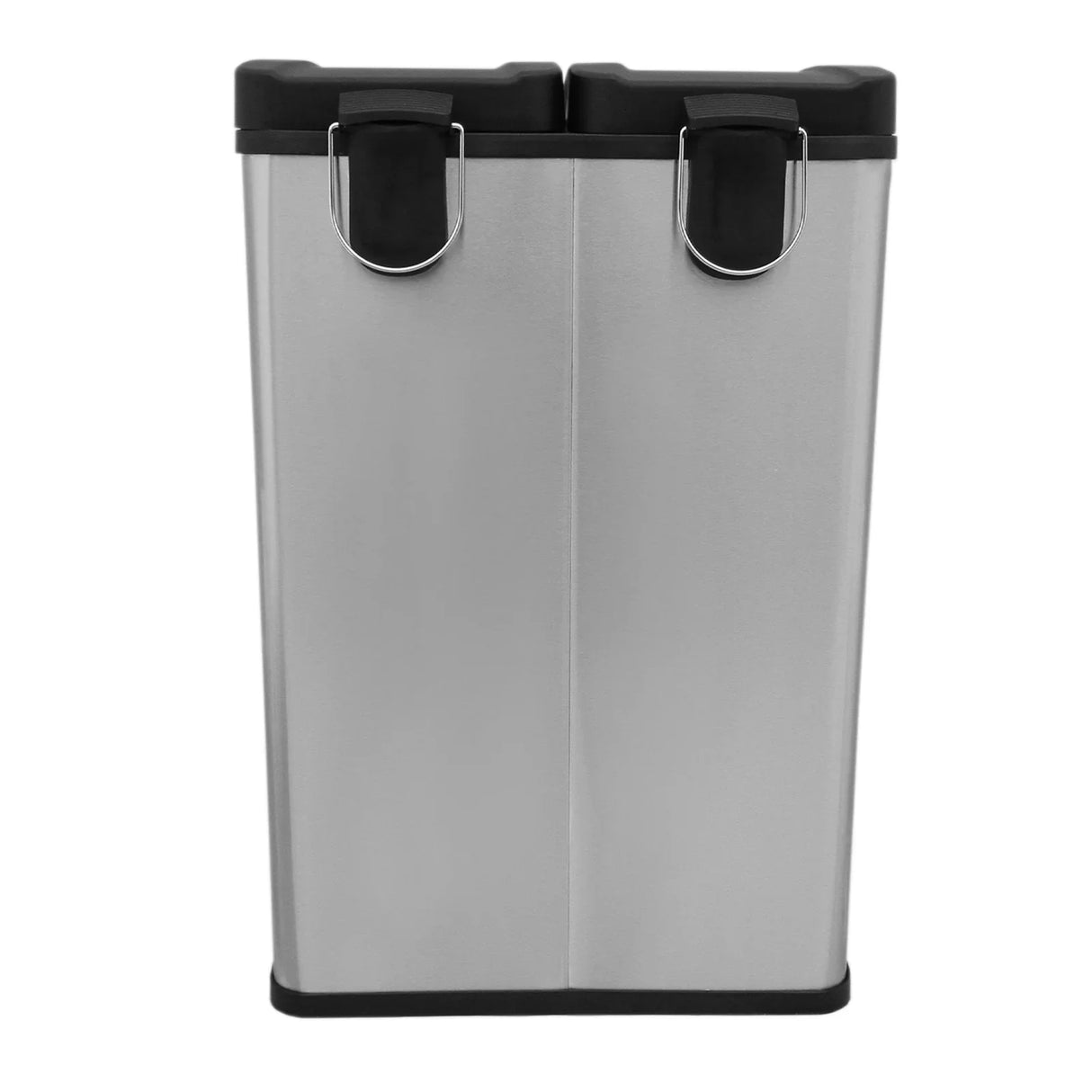 60L dual pedal bin in sleek stainless steel with black accents, featuring two compartments for efficient waste separation and easy access