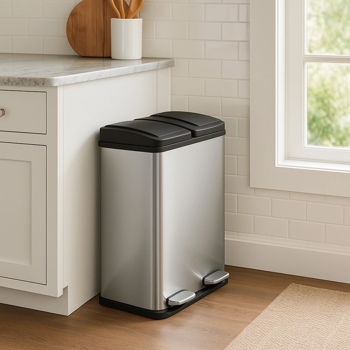 60L dual pedal bin in sleek stainless steel with black accents, positioned beside a kitchen cabinet on a wooden floor