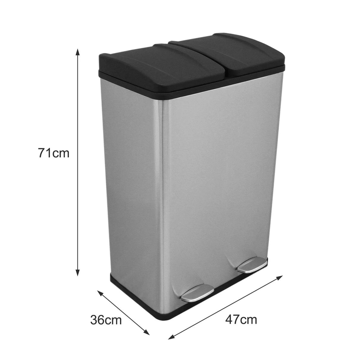 60L dual pedal bin in sleek stainless steel with black lids, measuring 71cm high, 36cm wide, and 47cm deep, ideal for waste separation