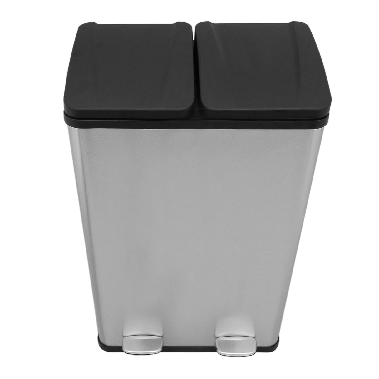 60L dual pedal bin in sleek stainless steel with a brushed finish, featuring two separate compartments and black lids for easy waste separation