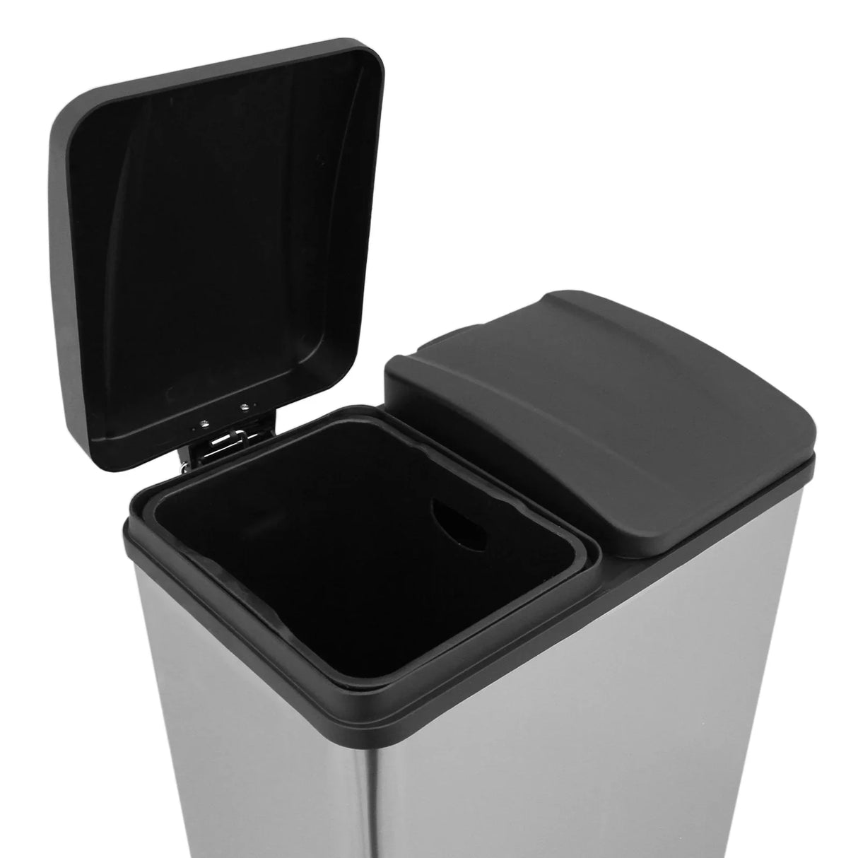 60L dual pedal bin in sleek stainless steel with a black lid, showcasing a spacious interior and modern design for easy waste disposal