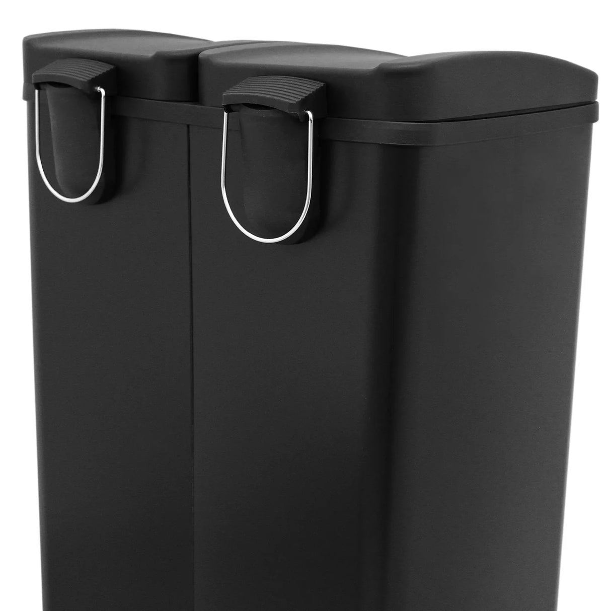 60L dual pedal bin in sleek black, featuring two compartments, sturdy foot pedals, and metal handles for easy waste disposal