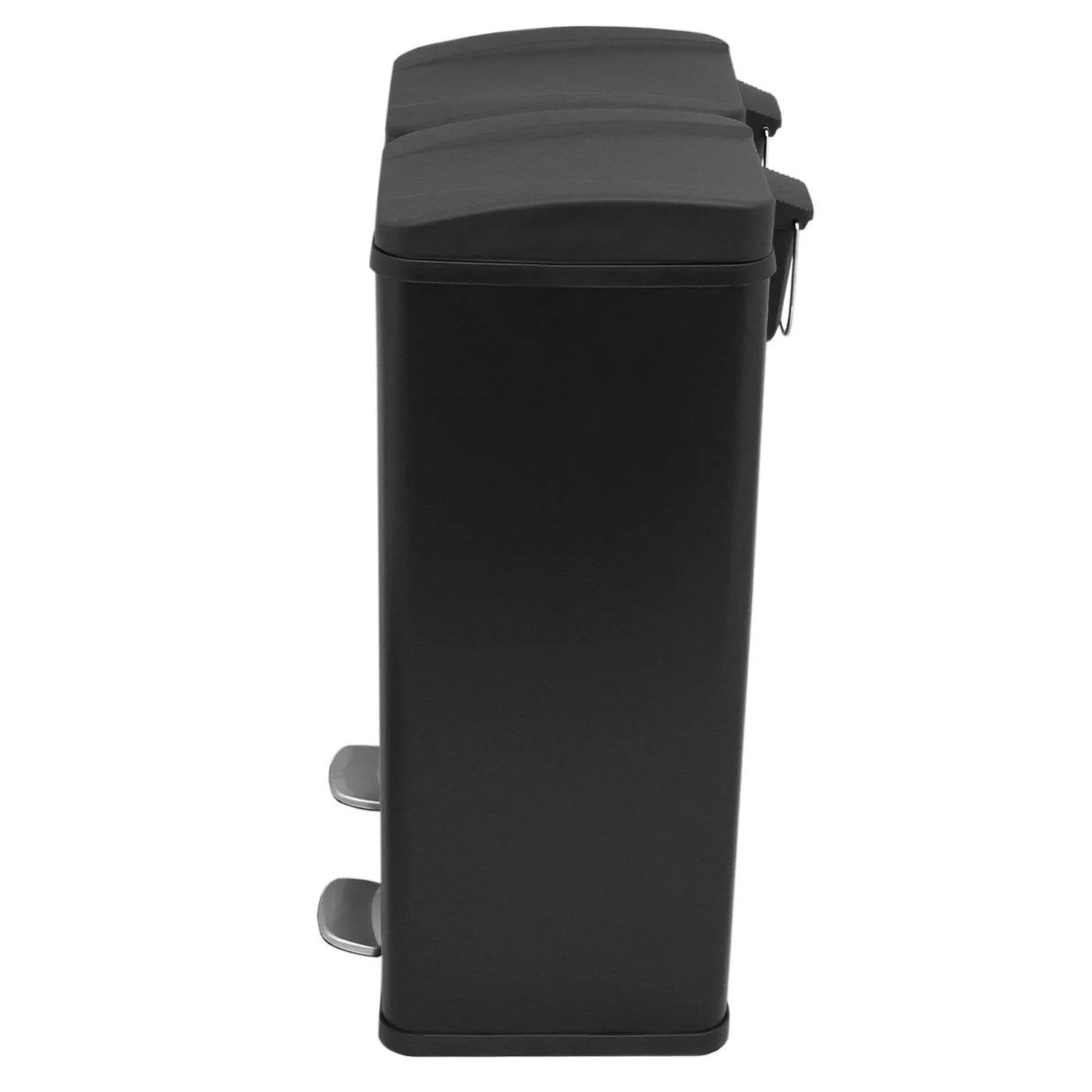 Sleek black 60L dual pedal bin with two compartments, featuring a smooth matte finish and foot pedals for hands-free operation