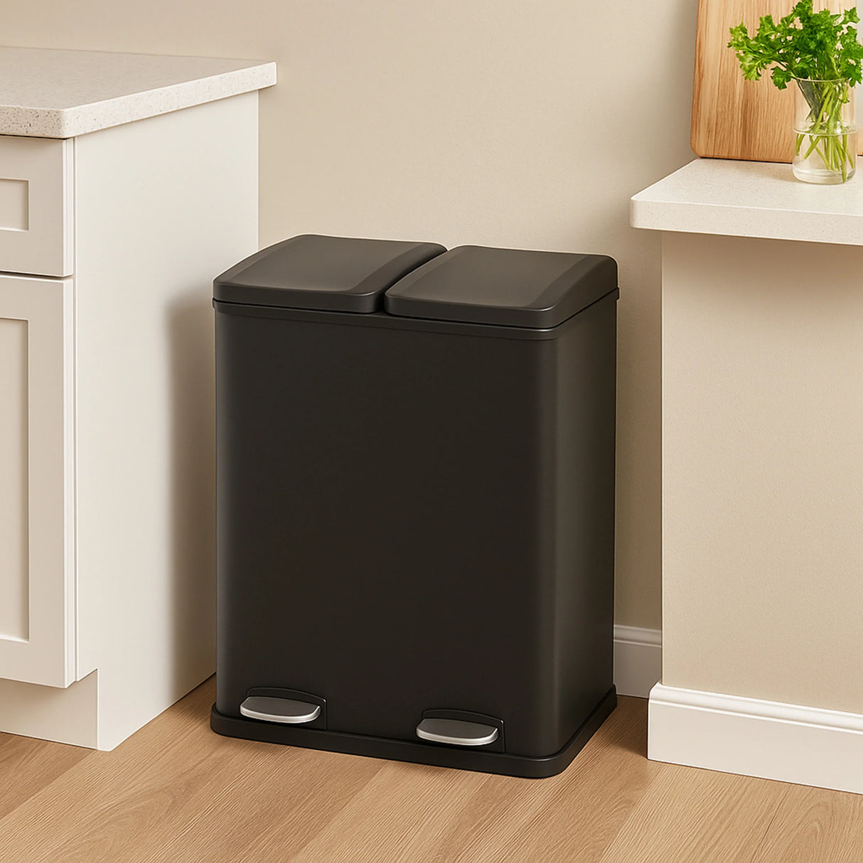 60L dual pedal bin in sleek black with two compartments, featuring a matte finish and foot pedals for hands-free operation