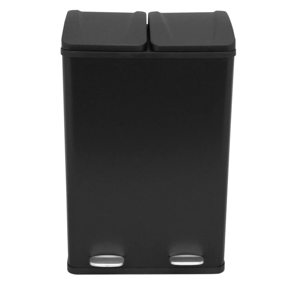 60L dual pedal bin in sleek black, featuring two compartments with silver foot pedals for easy, hands-free waste disposal