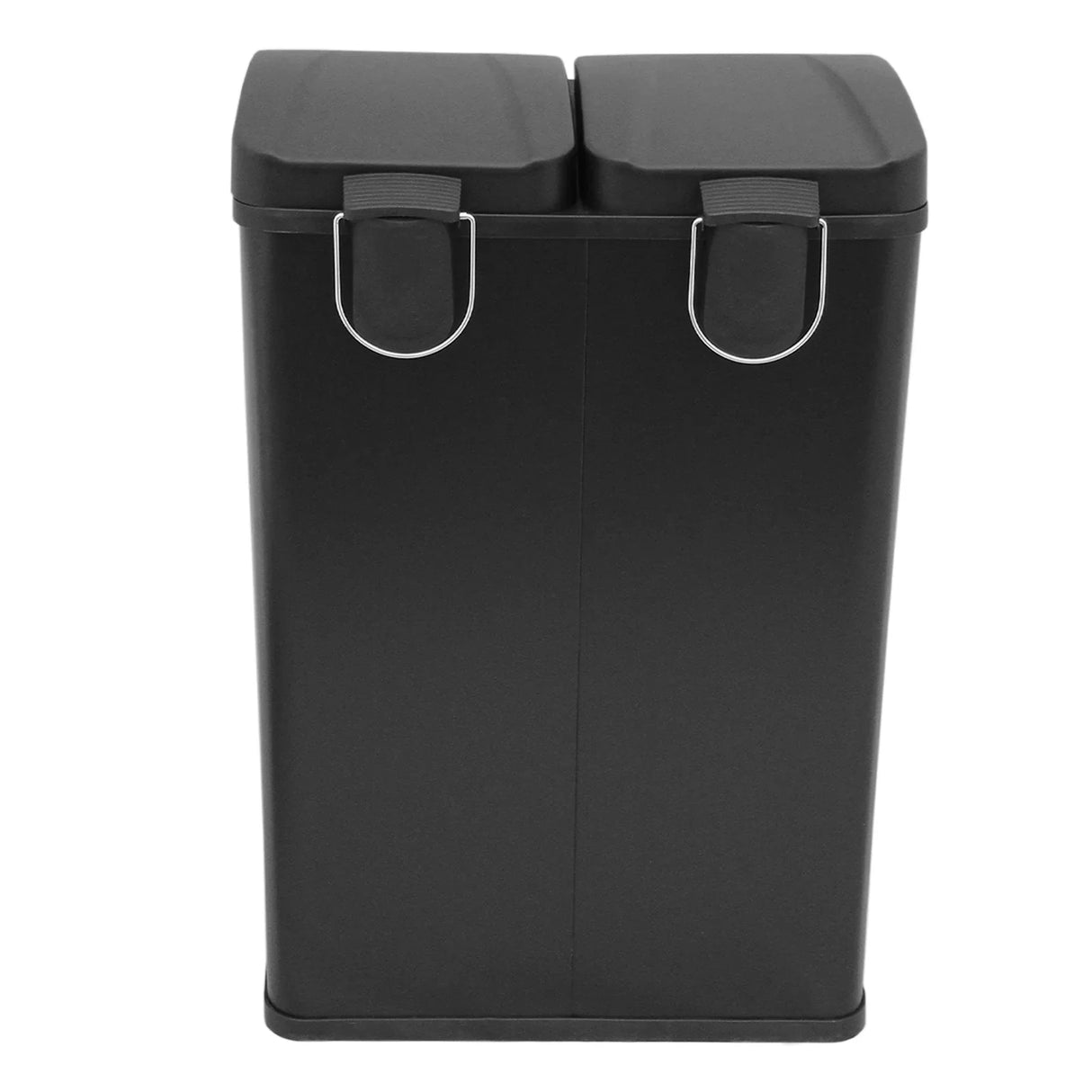 60L dual pedal bin in sleek black, featuring two compartments with sturdy foot pedals and metal handles for easy access