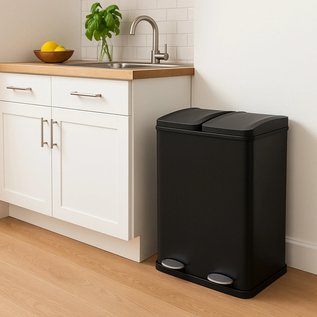 60L black dual pedal bin with a sleek design, placed beside a kitchen sink, featuring a smooth matte finish and two separate compartments
