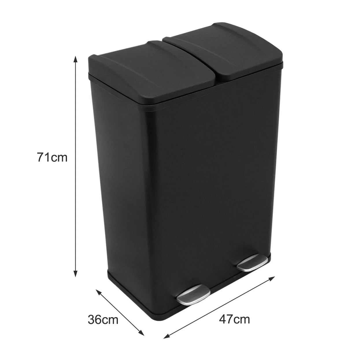 Sleek black 60L dual pedal bin with two compartments, featuring a modern design and stainless steel foot pedals for easy use