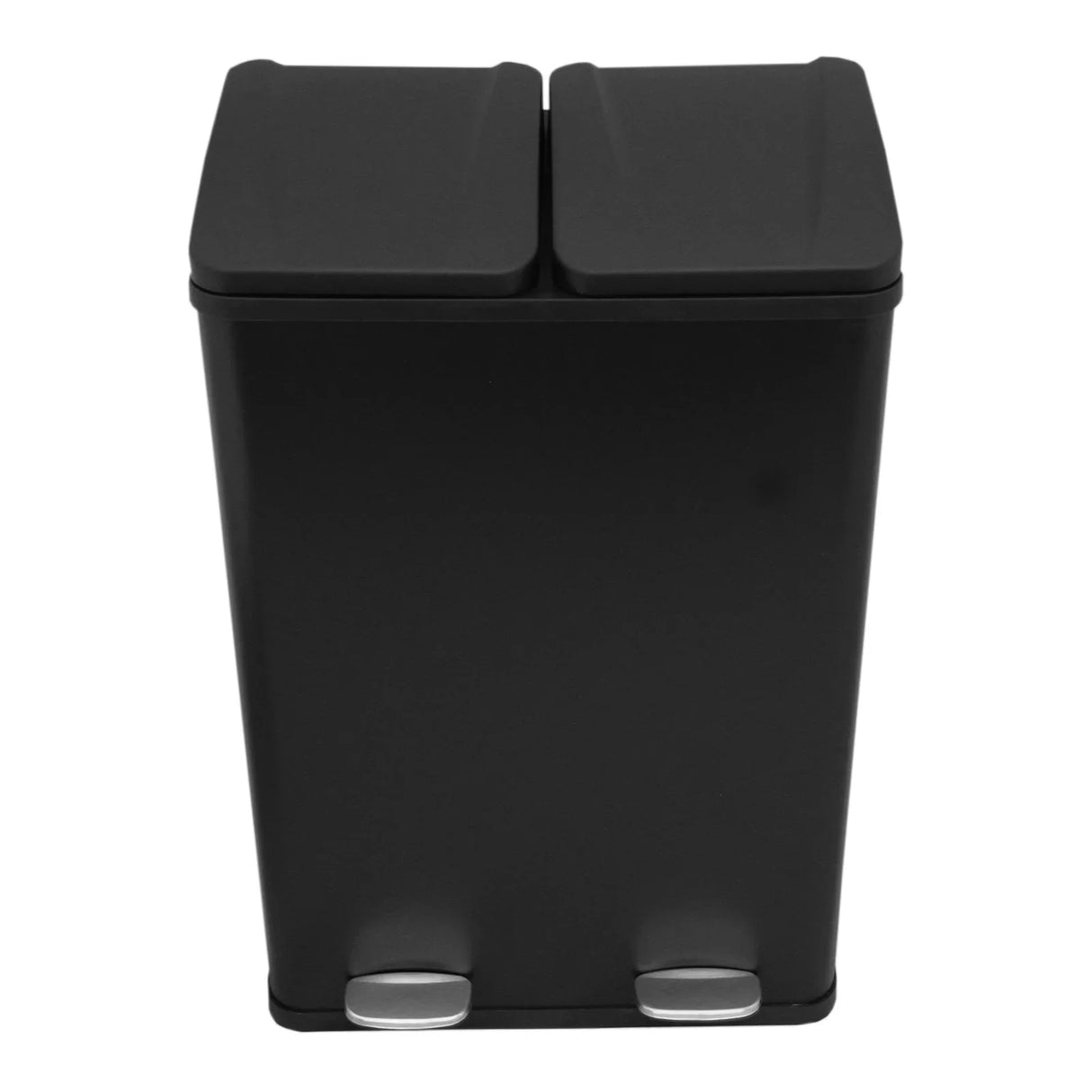 60L dual pedal bin in sleek black, featuring two separate compartments, sturdy metal construction, and easy-to-use foot pedals