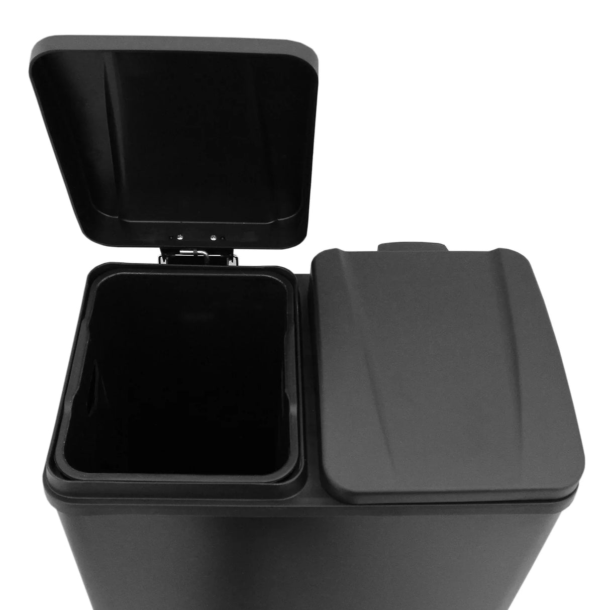 Sleek black 60L dual pedal bin with a smooth finish, featuring two compartments and a lid for easy waste separation