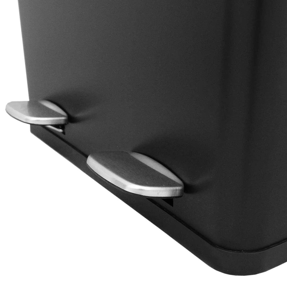 Sleek black 60L dual pedal bin with stainless steel foot pedals, designed for easy, hands-free waste disposal in modern spaces