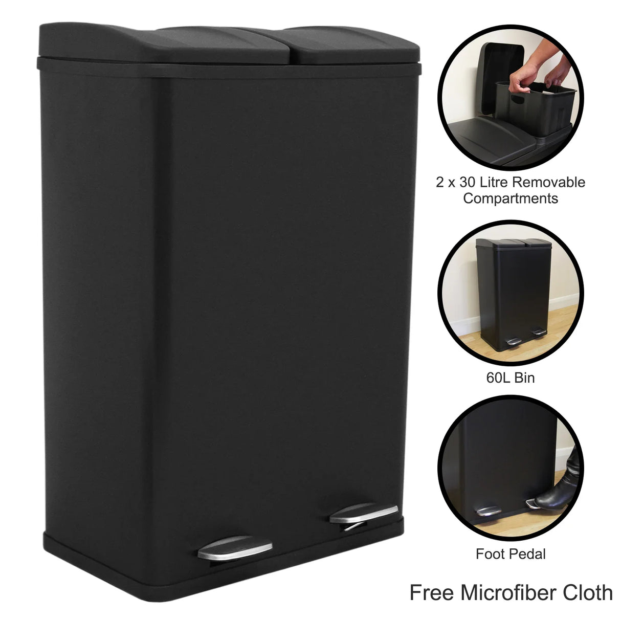 60L dual pedal bin in sleek black, featuring two 30-litre removable compartments and foot pedals for easy access and hygiene