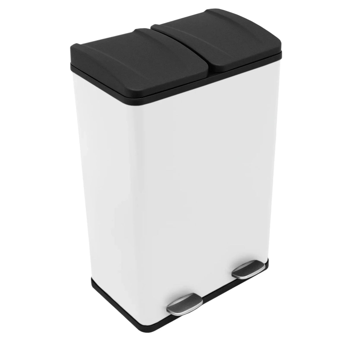60L dual pedal bin in sleek white with black lids, featuring a modern rectangular design and stainless steel foot pedals for easy use