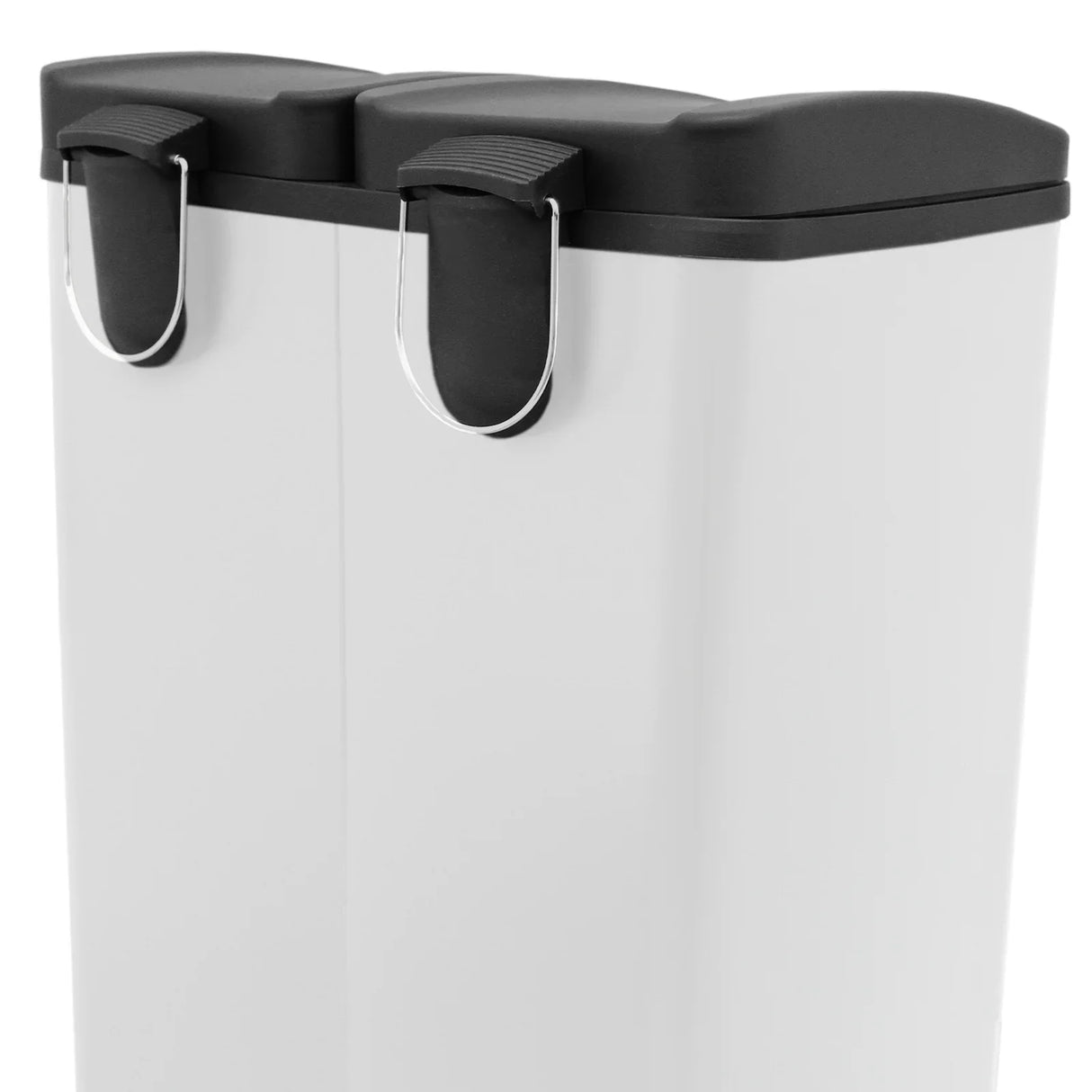 60L dual pedal bin in sleek white with black lid, featuring two compartments and sturdy handles for easy waste separation