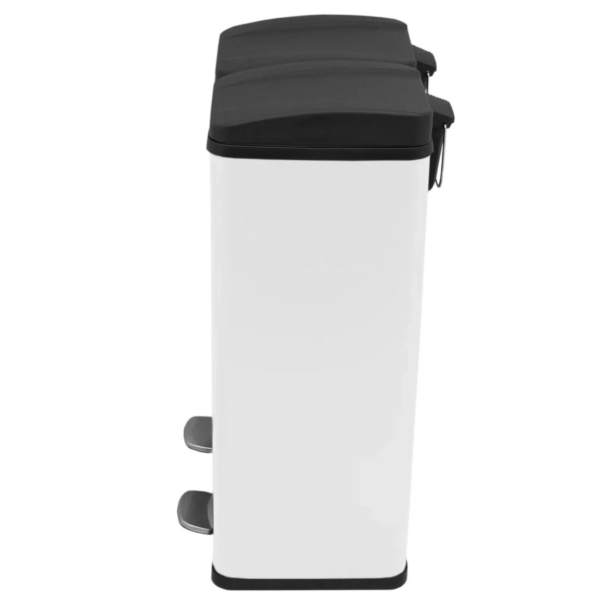 60L dual pedal bin in sleek white with black lids, featuring two compartments for easy waste separation and a modern design