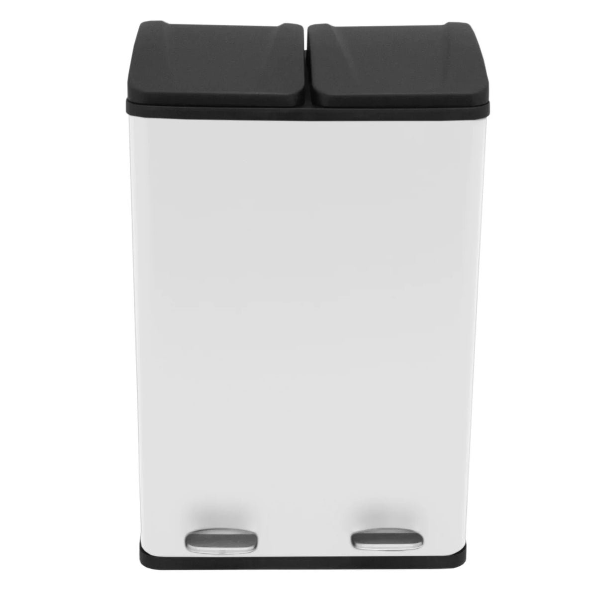 60L dual pedal bin in sleek white with black lid, featuring two separate compartments for easy waste separation and disposal