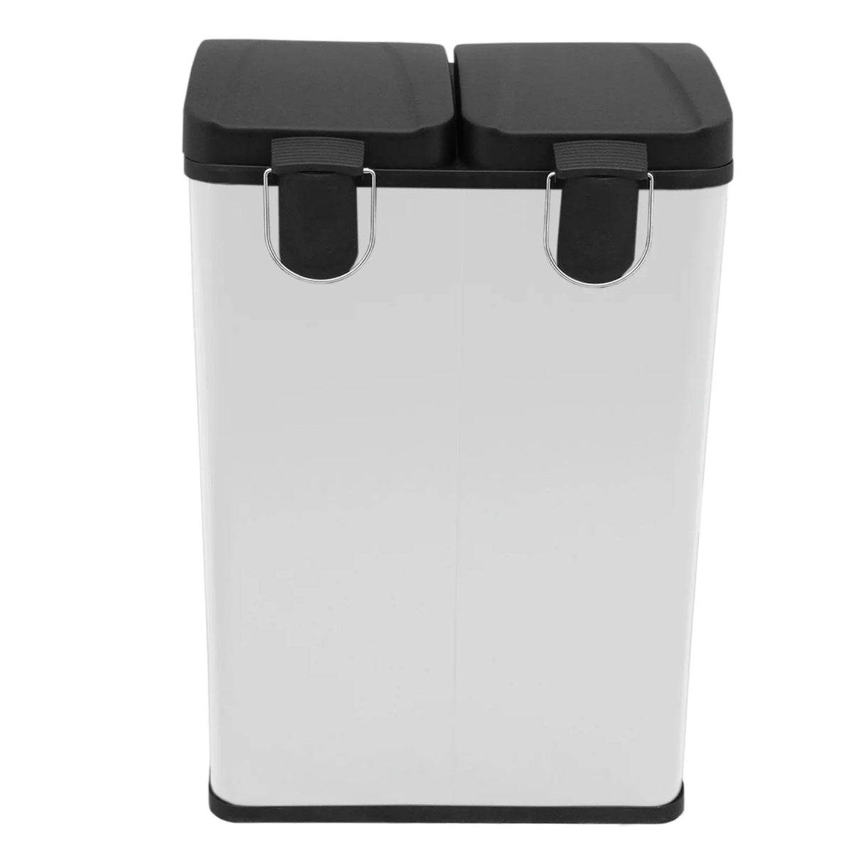 60L dual pedal bin in sleek white with black lid, featuring two compartments for easy waste separation and a modern design