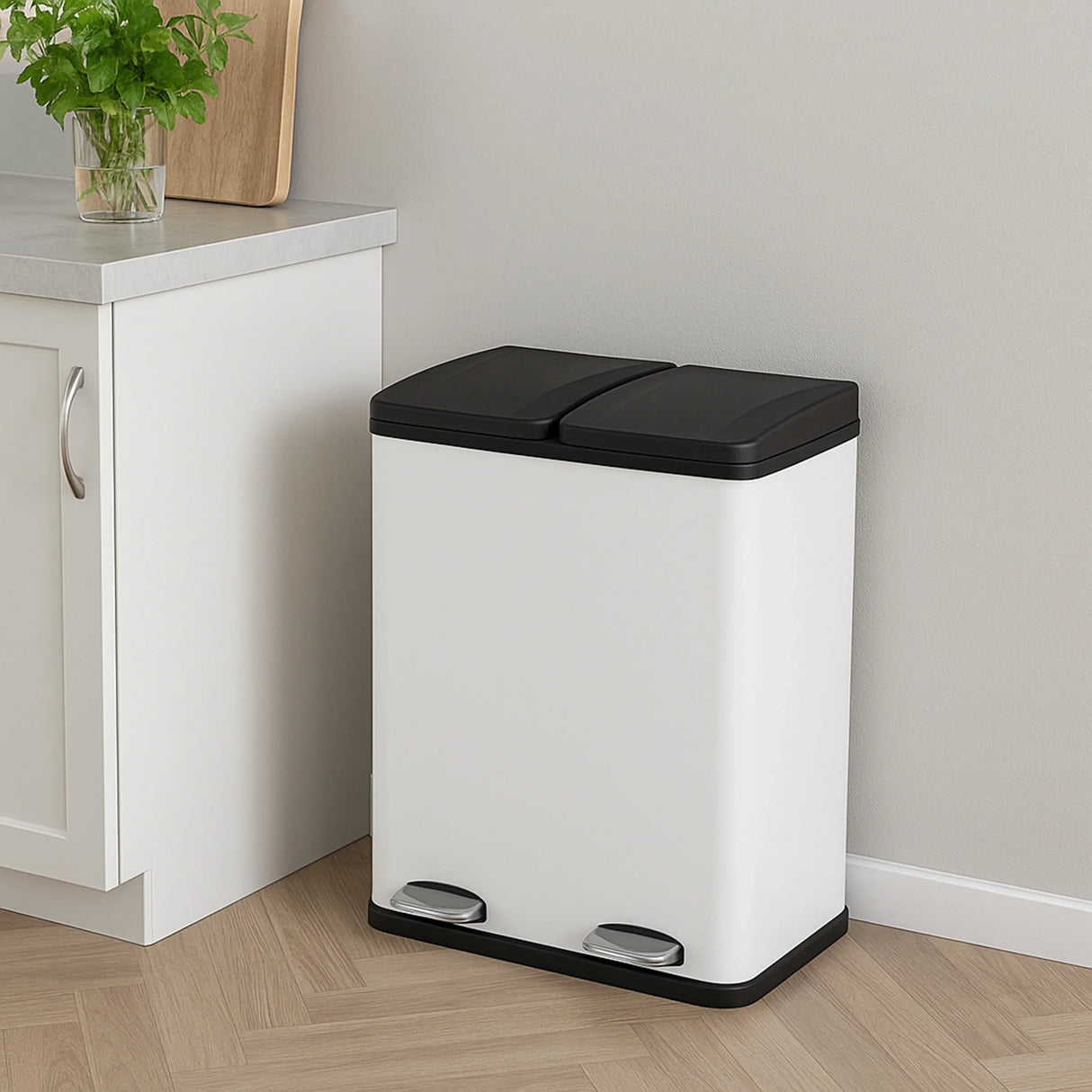 60L dual pedal bin in white with black lid, sleek design, placed next to a kitchen cabinet, ideal for waste separation