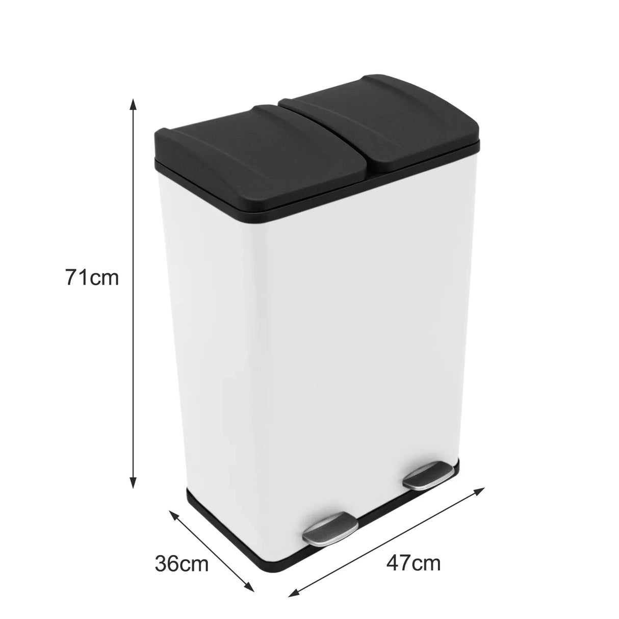 60L dual pedal bin in sleek white with black lids, featuring a modern rectangular shape and foot pedals for hands-free operation