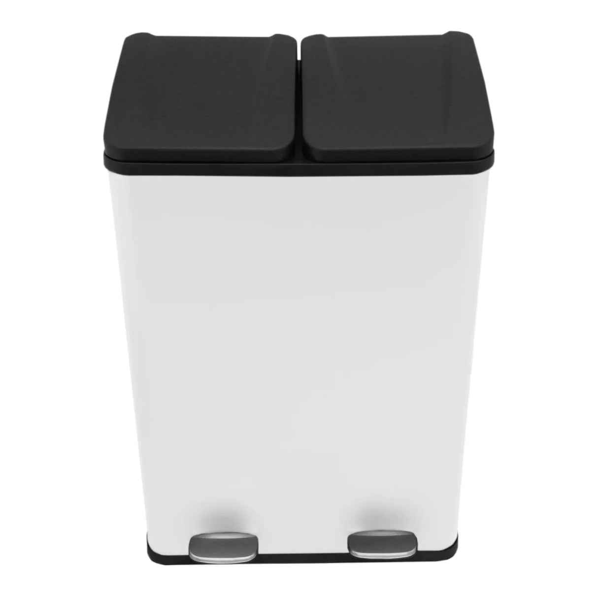 60L dual pedal bin in sleek white with black lids, featuring two compartments and stainless steel pedals for easy waste disposal