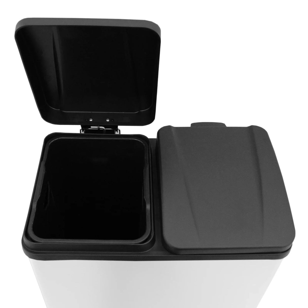 60L dual pedal bin in white with a sleek design, featuring a black lid and separate compartments for waste and recycling