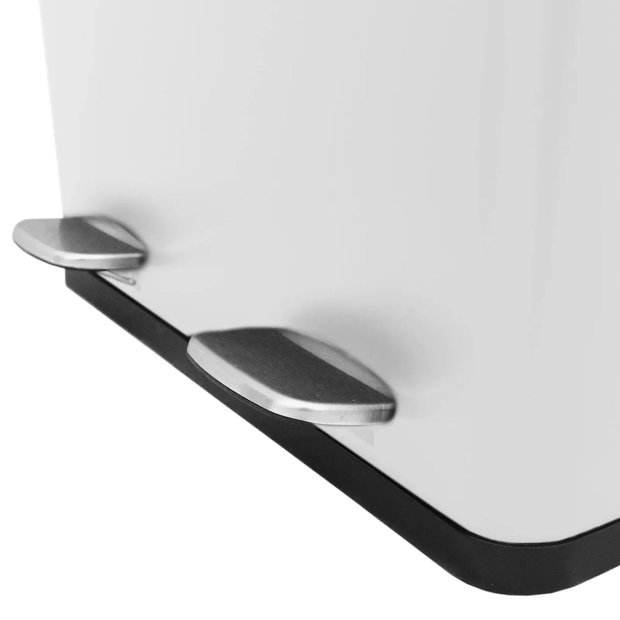 Sleek white 60L dual pedal bin with stainless steel foot pedals and a black base, designed for easy hands-free operation
