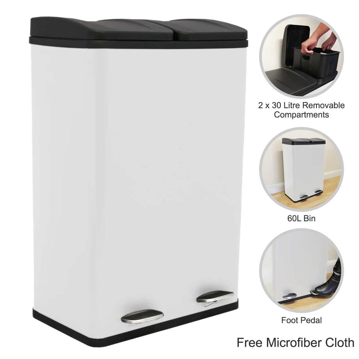 60L dual pedal bin in white with two removable compartments, sleek design, black lid, and foot pedals for easy use