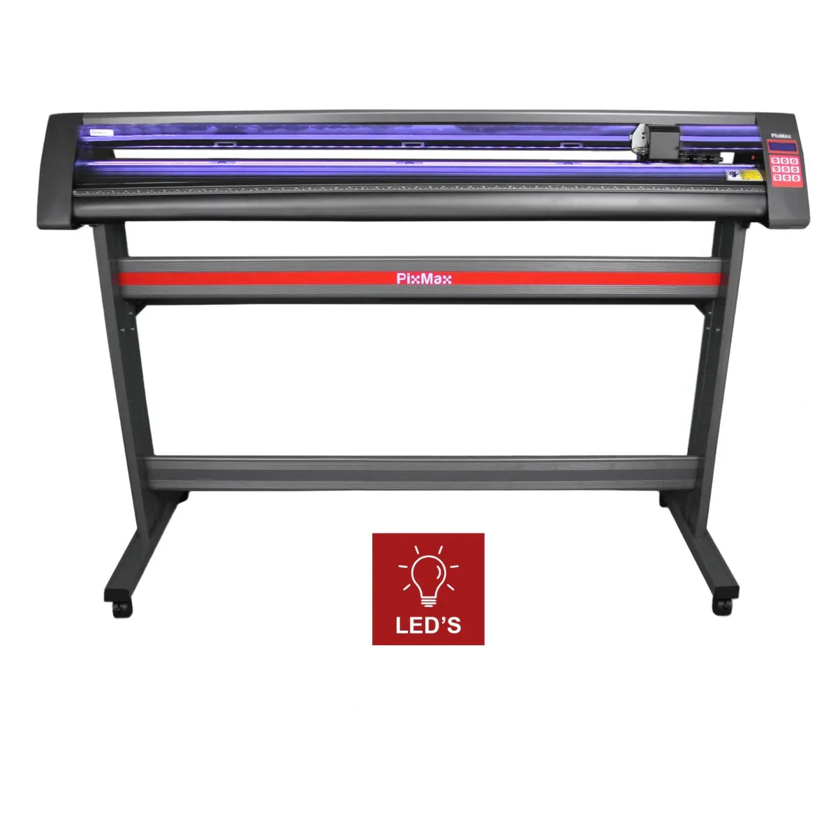 Vinyl cutter with a 1350mm width, featuring a sleek black and red design, LED light guide, and sturdy stand for stability