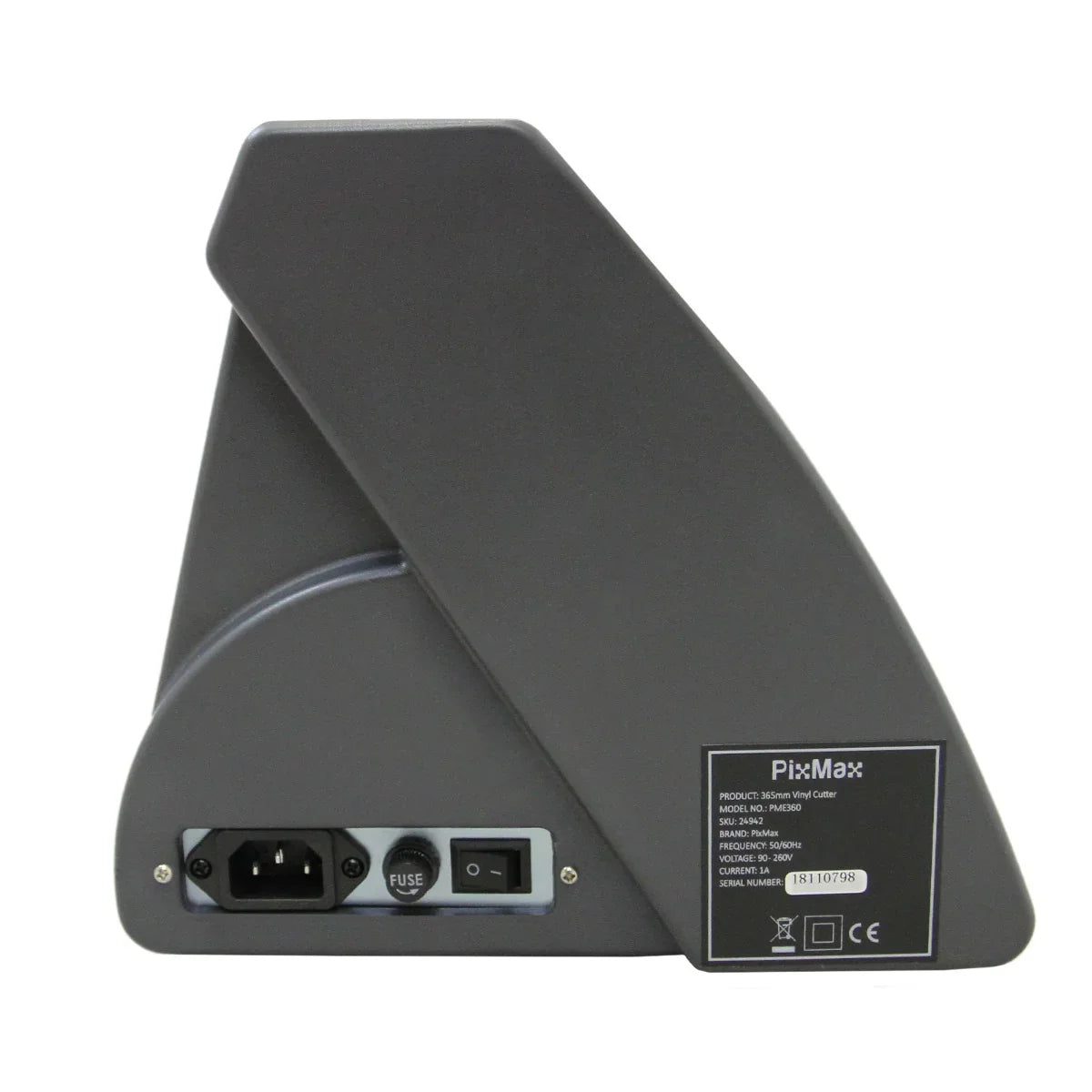 Vinyl cutter with a sleek gray design, featuring a power switch and fuse, ideal for precise cutting and crafting projects