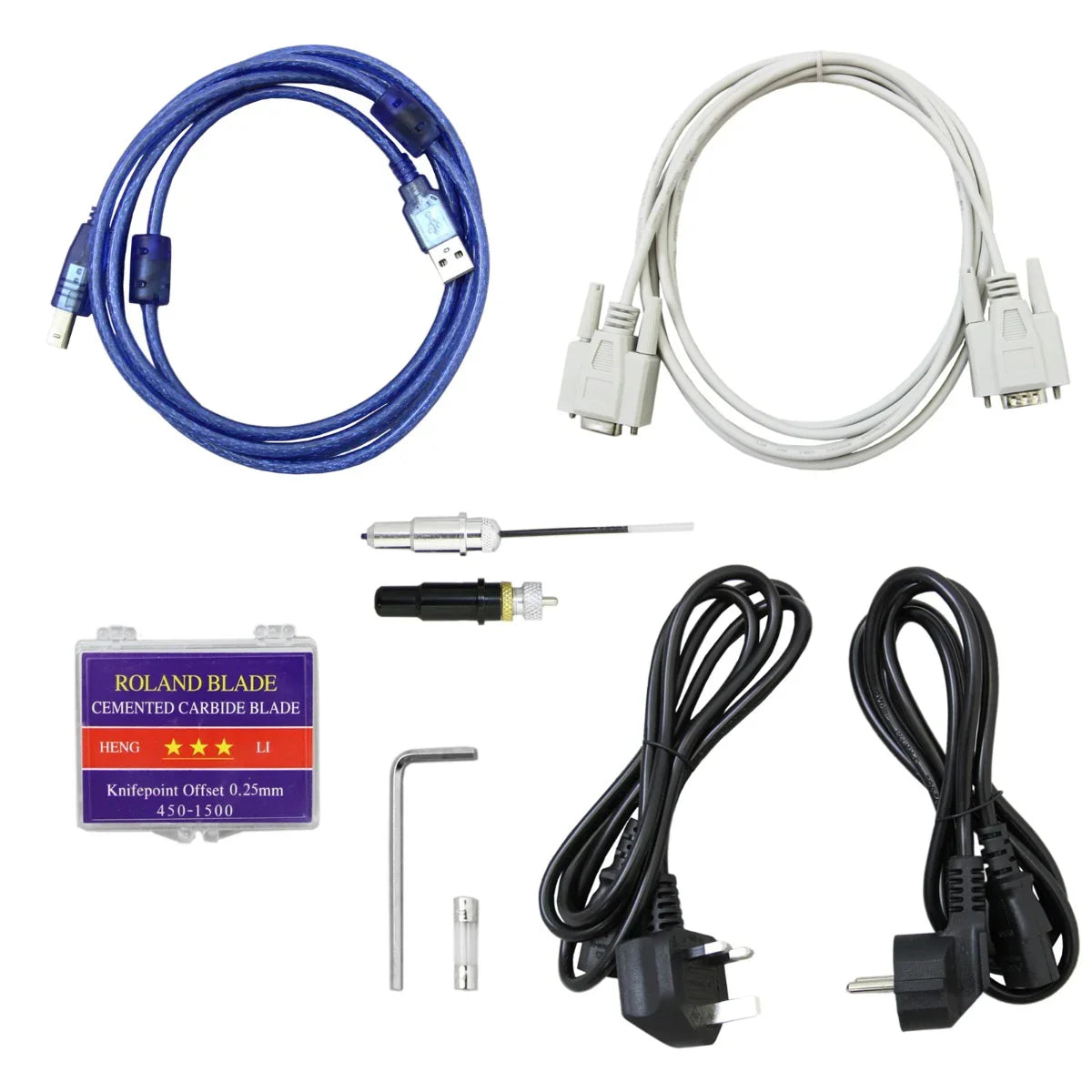 Assorted accessories for a vinyl cutter, including USB and serial cables, a Roland blade, and power cords for connectivity and operation