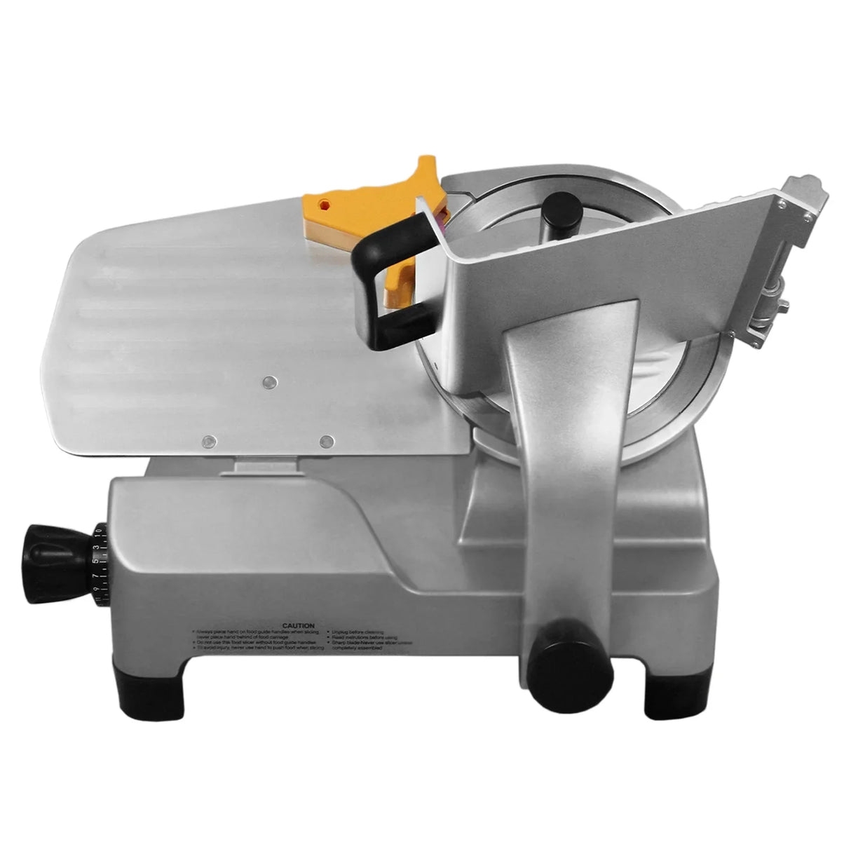 KuKoo 10" meat slicer with a stainless steel blade, silver body, ergonomic handle, and adjustable thickness control for precise slicing