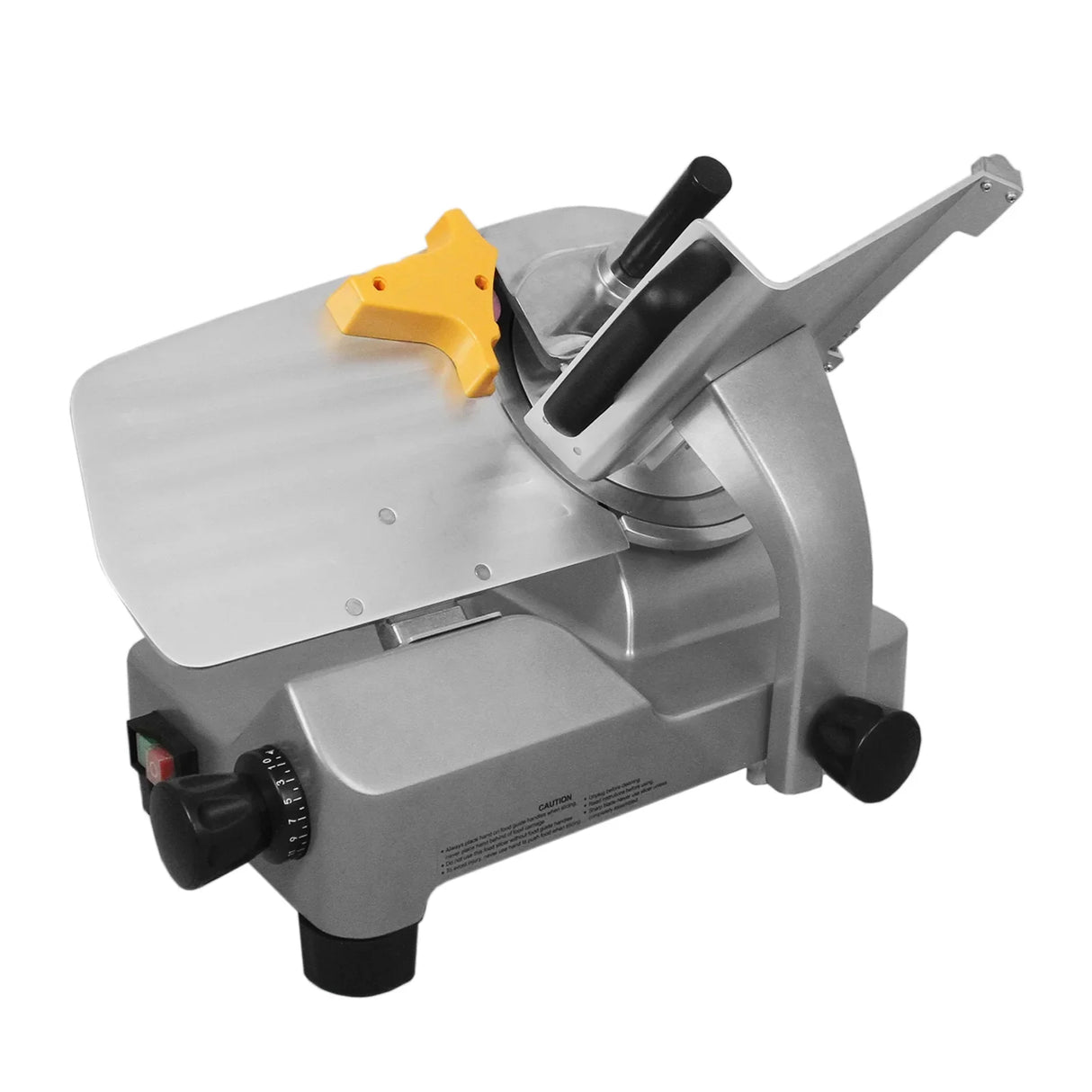 KuKoo 10" meat slicer with a sleek silver body, adjustable thickness control, and a yellow safety guard for easy slicing