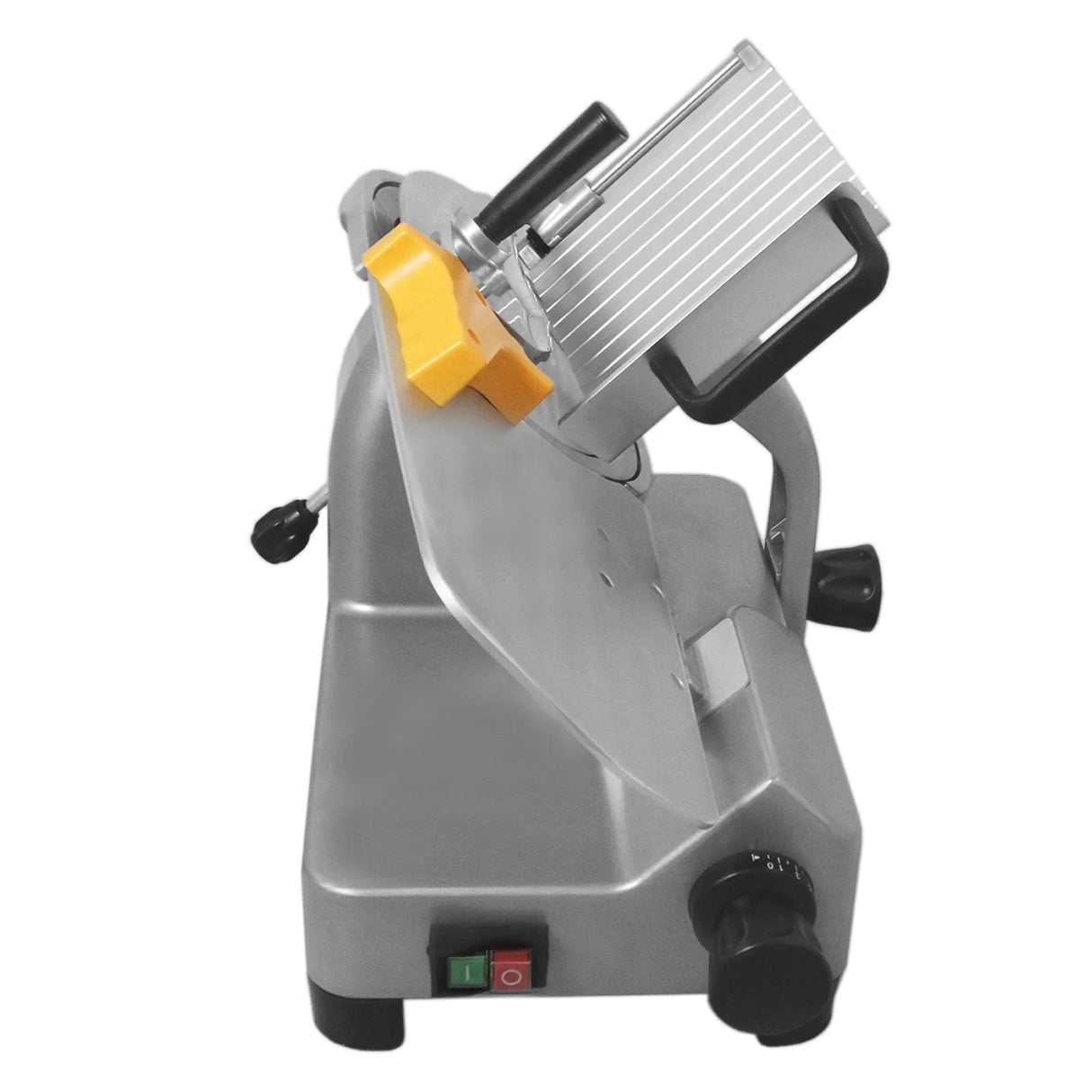 KuKoo 10" meat slicer in silver with a stainless steel blade, adjustable thickness control, and ergonomic handle for easy slicing