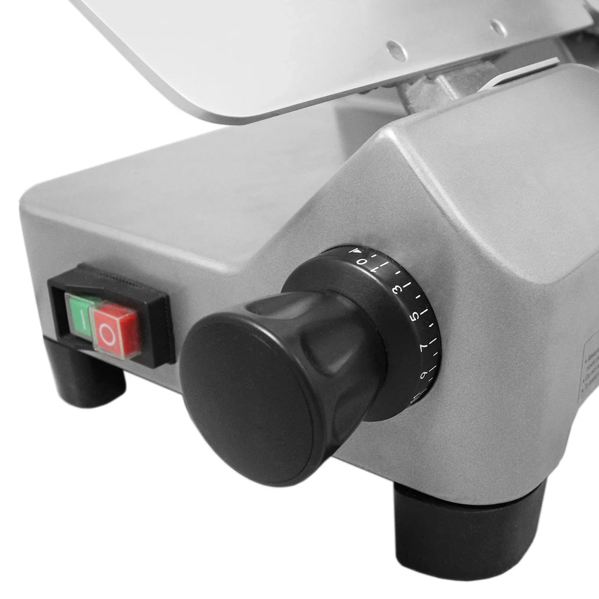 KuKoo 10" meat slicer featuring a stainless steel body, adjustable thickness dial, and power switch in a sleek, compact design