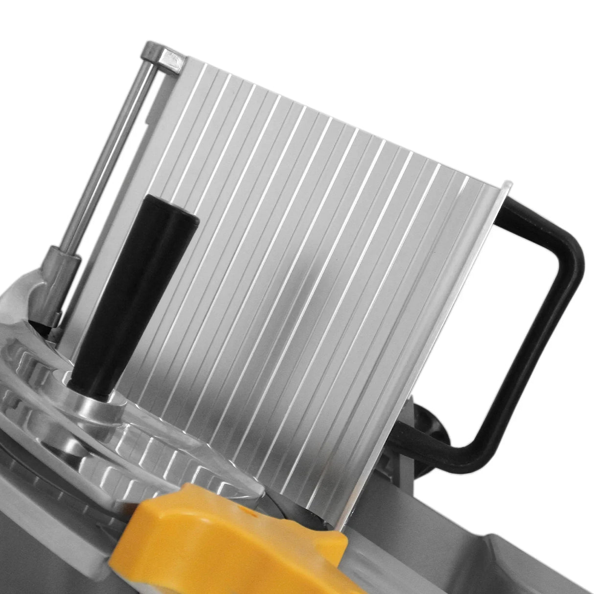 Close-up of the KuKoo 10" Meat Slicer showing the stainless steel blade, adjustable thickness guide, and sturdy black handle