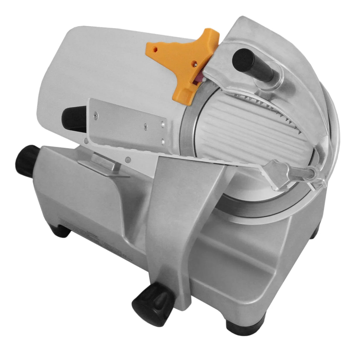 KuKoo 10" meat slicer featuring a stainless steel blade, sturdy silver body, and an orange safety handle for easy operation